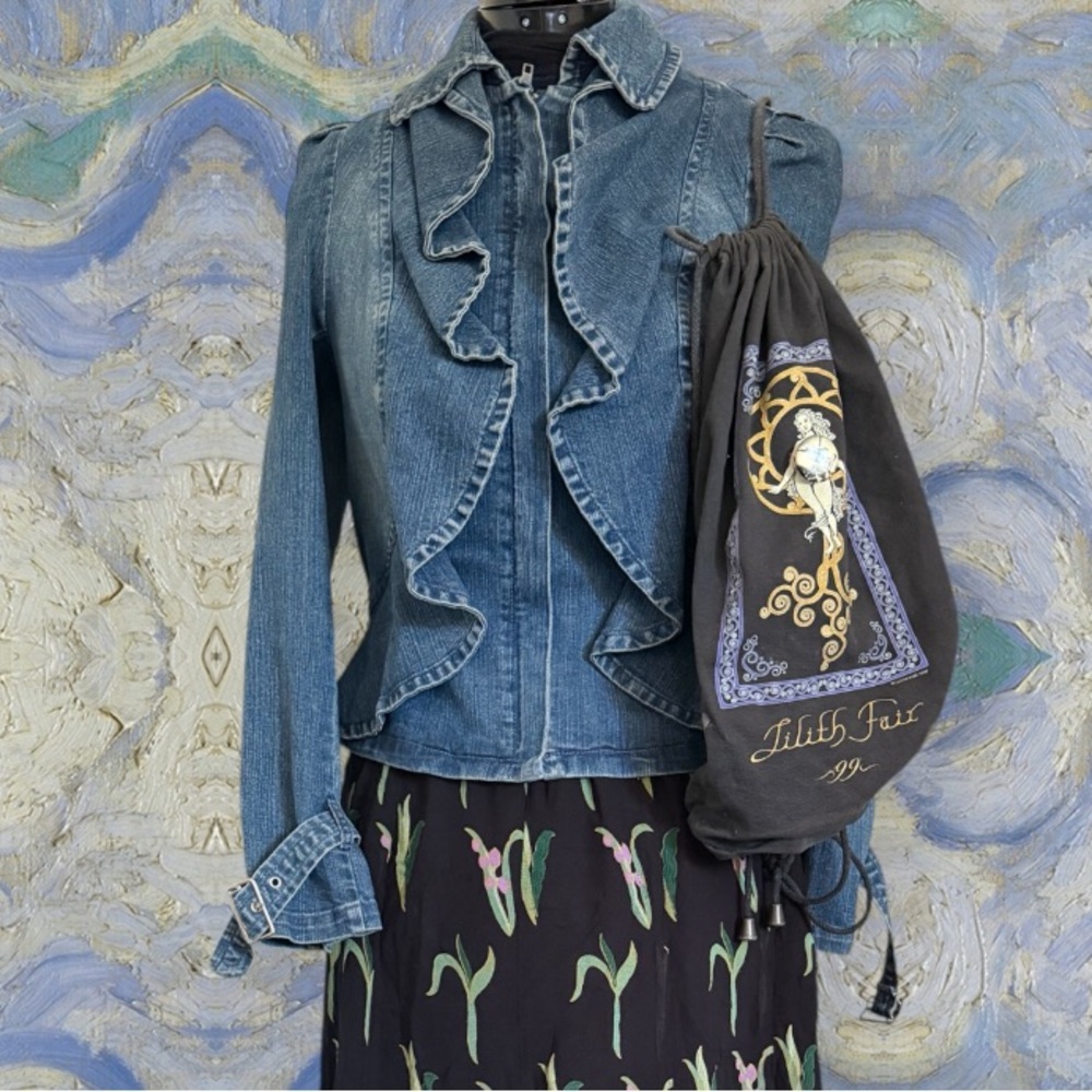 y2k INC ruffle zip denim jacket pleated puff sleeve 80s 90s altered quirky